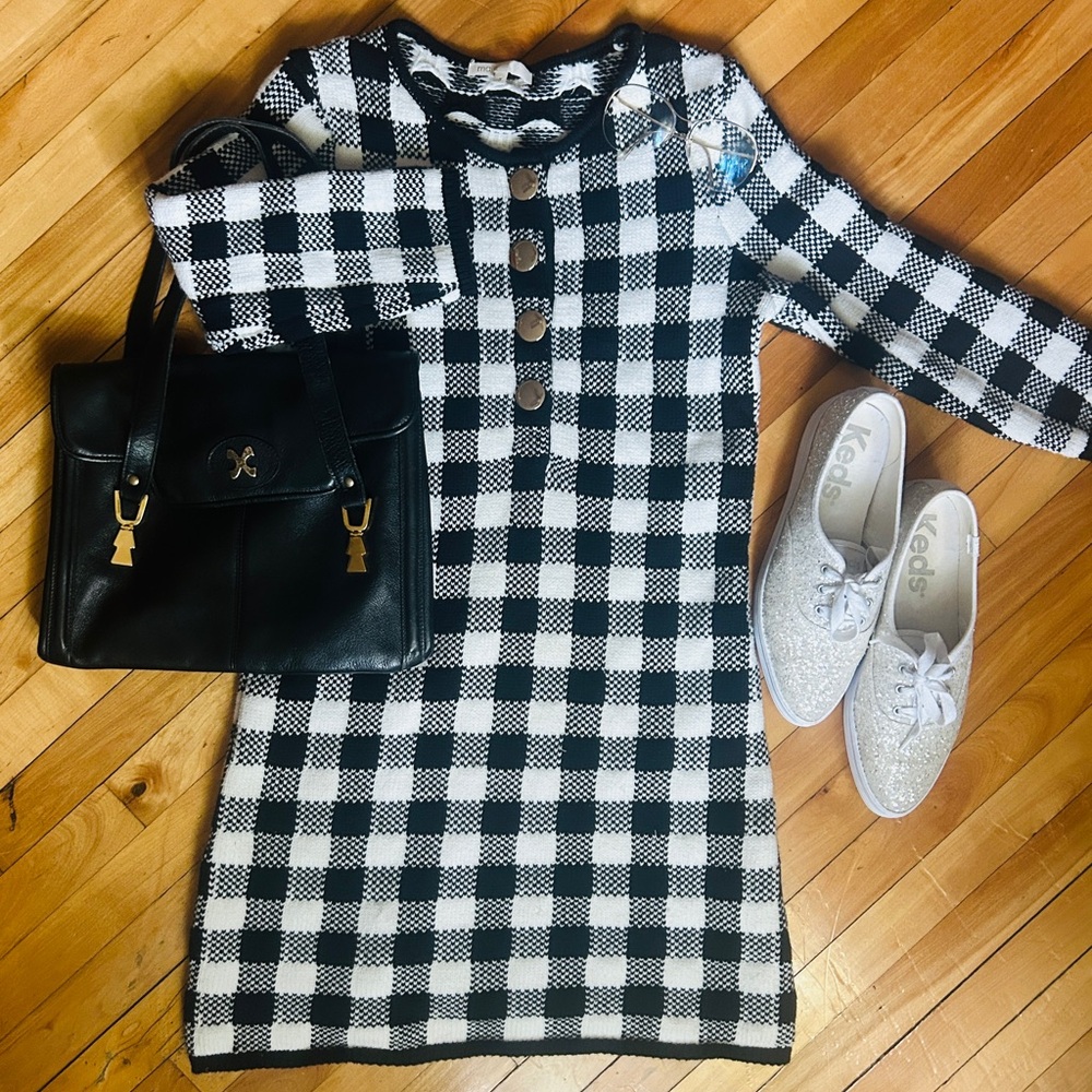 ´ Maje “Rimia” Black & White Check Knit Mini Dress – Size 3 (US M / EU 40)